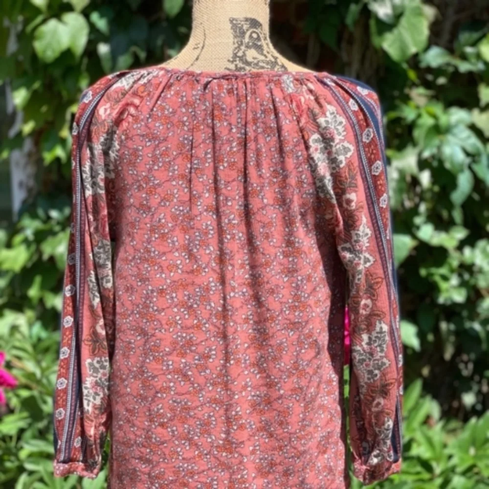 LUCKY BRAND Rust Boho Long Sleeve Contrast Stripe Floral Tassel-Tie Blouse, S - Picture 9 of 11